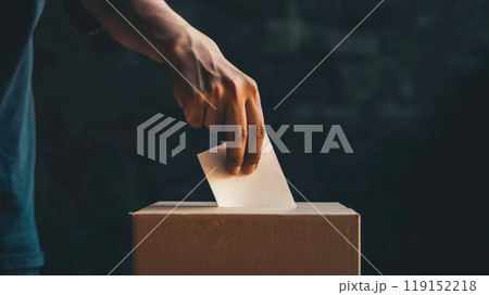 A person is putting a piece of paper into a box, democracy, choice and civic duty A person is putting a piece of paper into a box, democracy, choice and civic duty 119152218