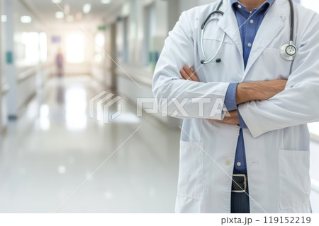 Doctor man with stethoscope on blurred hospital, Healthcare and medicine concept 119152219
