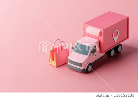 A pink truck with a pink logo on the side is parked next to a pink shopping bag, Concept of transportation and logistics A pink truck with a pink logo on the side is parked next to a pink shopping bag, Concept of transportation and logistics 119152239