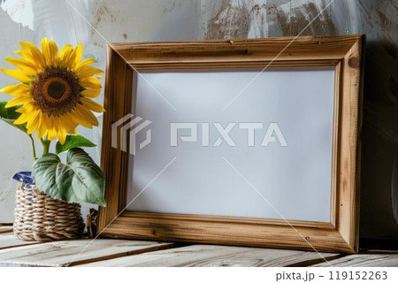 A wooden frame with a white background and a yellow sunflower in a vase 119152263
