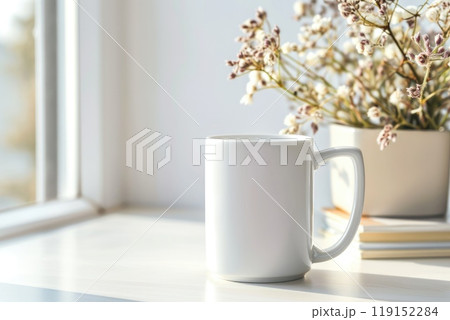 A white mug mock up blank template for your design advertising logo, White mug mock up in minimalist style A white mug mock up blank template for your design advertising logo, White mug mock up in minimalist style 119152284