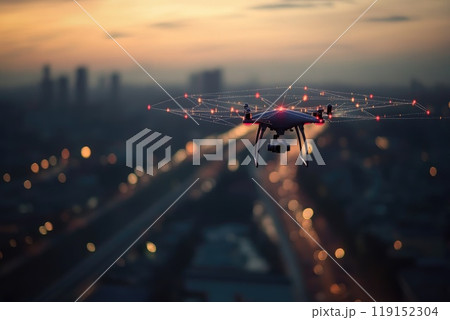 A drone is flying over a city at night, creating a sense of movement and energy. The image conveys a feeling of excitement and wonder 119152304