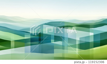 Tranquil Abstract Landscape of Overlapping Translucent Squares in Green and Blue Tones, Evoking Mountain Ranges and Hills. 119152306