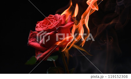 A red rose is surrounded by flames, creating a dramatic and intense scene A red rose is surrounded by flames, creating a dramatic and intense scene 119152308