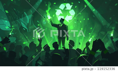 Satirical Campaign Speech with Glowing Recycling Symbol and Green Torch-Wielding Audience, Eco-Friendly Politician Satirical Campaign Speech with Glowing Recycling Symbol and Green Torch-Wielding Audience, Eco-Friendly Politician 119152336
