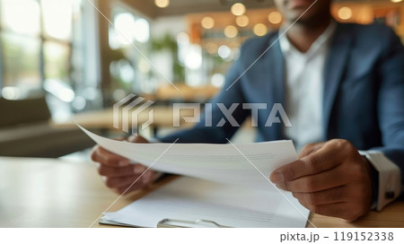 Close-up of Job Seeker's Hands Holding Document in Interview with Blurred Interviewer in Contemporary Office Close-up of Job Seeker's Hands Holding Document in Interview with Blurred Interviewer in Contemporary Office 119152338