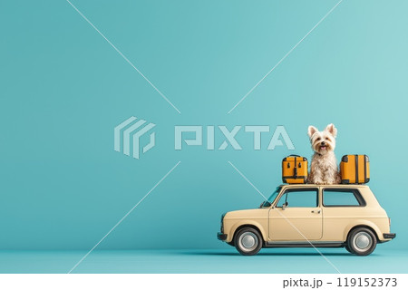 Minimalist Summer Road Trip Concept with Dog in Car Trunk and Luggage, Plenty of Copy Space for Text 119152373