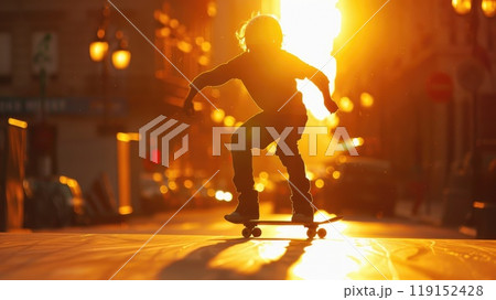 Urban Teen Skating at Golden Hour - Young Skater Enjoying Sunset in City Setting. 119152428