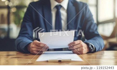 Determined Job Seeker at Desk with Interviewer in Background, Focus on Concentration and Preparation Determined Job Seeker at Desk with Interviewer in Background, Focus on Concentration and Preparation 119152443