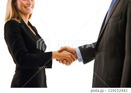A woman and a man shake hands in a business setting. Concept of professionalism and formality 119152481