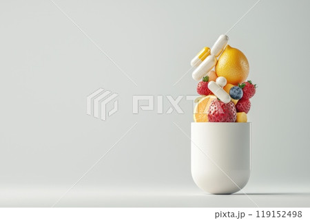 Fresh Fruits and Vegetables Spilling from Open Capsule on Soft Background with Copy Space for Health Concepts, Bursting with Natural Goodness Fresh Fruits and Vegetables Spilling from Open Capsule on Soft Background with Copy Space for Health Concepts, Bursting with Natural Goodness 119152498