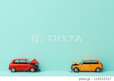 Minimalist Crash Scene with Two Cars and Smashed Fenders on Simple Background, Space for Text 119152527