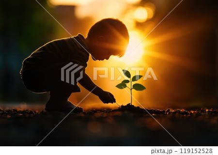 A boy is planting a tree. The boy is kneeling down and placing the tree in the ground 119152528