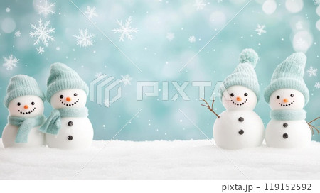 Playful snowmen with winter hats and scarves in a serene snowy landscape, perfect for holiday and seasonal themes. Playful snowmen with winter hats and scarves in a serene snowy landscape, perfect for holiday and seasonal themes. 119152592