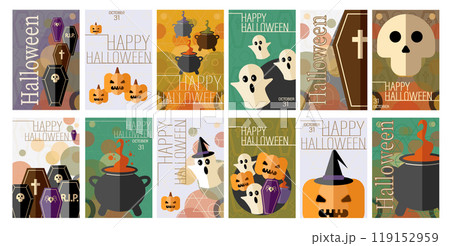 Happy Halloween set. Poster template with pumpkins, ghosts, skeletons and witch cauldron. Halloween gift cards. Trendy holiday flyers for cover, banner, postcard, social media, event. Happy Halloween set. Poster template with pumpkins, ghosts, skeletons and witch cauldron. Halloween gift cards. Trendy holiday flyers for cover, banner, postcard, social media, event. 119152959