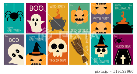 Happy Halloween set. Poster template with pumpkins, ghosts, skeletons and witch cauldron. Halloween gift cards. Trendy holiday flyers for cover, banner, postcard, social media, event. Happy Halloween set. Poster template with pumpkins, ghosts, skeletons and witch cauldron. Halloween gift cards. Trendy holiday flyers for cover, banner, postcard, social media, event. 119152960
