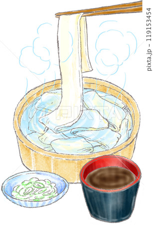 暖かいひもかわうどん_タライ_ネギ_麺つゆあり 暖かいひもかわうどん_タライ_ネギ_麺つゆあり 119153454