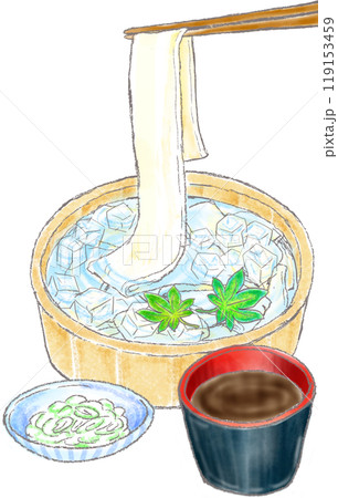 冷たいひもかわうどん_麺つゆとネギあり_タライ 119153459