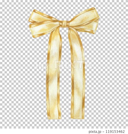 A semi-transparent watercolor bow in rich golden tones. The hand-drawn ribbon offers a vintage baroque look, ideal for premium designs, gift decor, or luxurious holiday cards and ornate decorations 119153462
