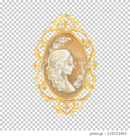 A vintage watercolor cameo featuring a woman's profile in a gilded, oval brooch. Hand-drawn with intricate floral details, this elegant Victorian portrait is perfect for antique jewelry illustrations 119153463