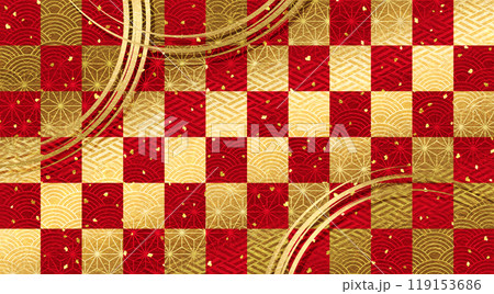 和紙質感の金色の市松模様の和風の背景、赤、新年の行事やお祝い事等へ 119153686