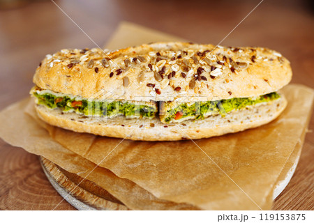 sandwich on whole grain bun with vegetable patty 119153875