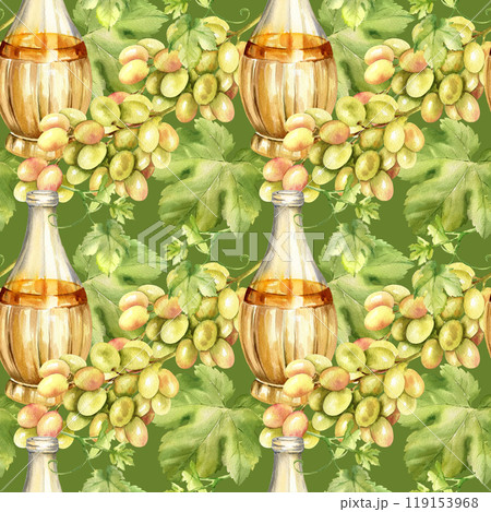 watercolor bottle of homemade white wine braided with straw, white and pink grapevine with berries and leaves, seamless pattern for food and drink decoration, Tuscany posters and card 119153968