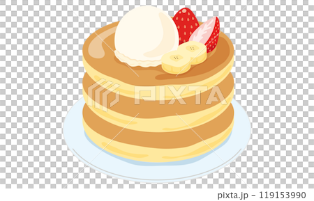 Pancakes topped with ice cream and fruit 119153990