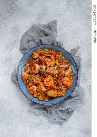 Jambalaya, Creole dish, American pilaf, rice with chicken and shrimp, vegetables, homemade, no people, Jambalaya, Creole dish, American pilaf, rice with chicken and shrimp, vegetables, homemade, no people, 119154219