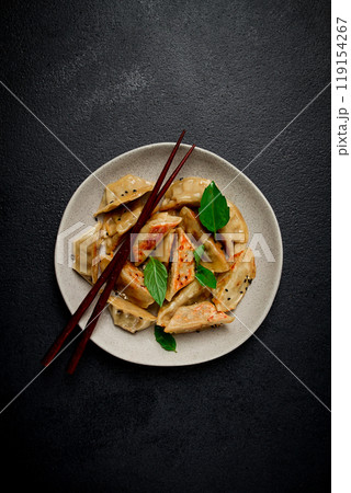 japanese fried dumplings, gyoza, sesame seeds, top view, no people, japanese fried dumplings, gyoza, sesame seeds, top view, no people, 119154267