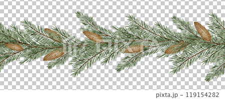 Fir branches seamless watercolor Border. Illustration of Christmas pattern with conifer tree and cones. Drawing of Frame for Xmas banner or backdrop for New Year. Template with Spruce or pine twigs. 119154282