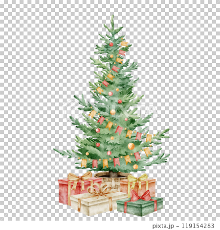 Watercolor Christmas Tree with garlands, lights and presents. Illustration with Spruce and gift boxes for Holiday Greeting Cards and New Year Invitations. Drawing of evergreen Fir tree. 119154283