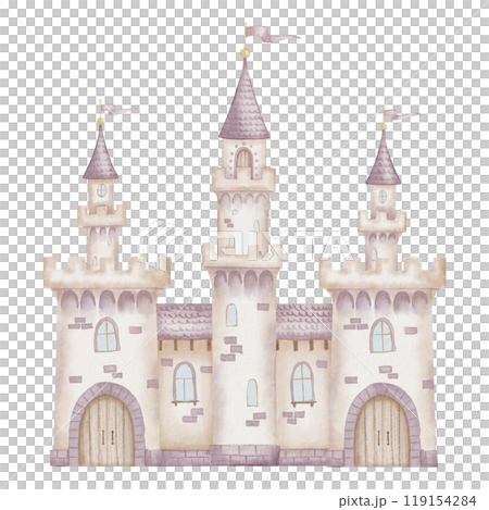 Castle watercolor illustration. Illustration of Fairytale palace with towers in pastel pink colors for baby greeting cards and girl nursery wall art. Magic fortress for kid design and childish poster. 119154284