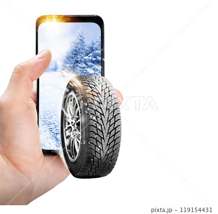 Car winter tyres. Buying car tires from online auto store via smartphone. 119154431