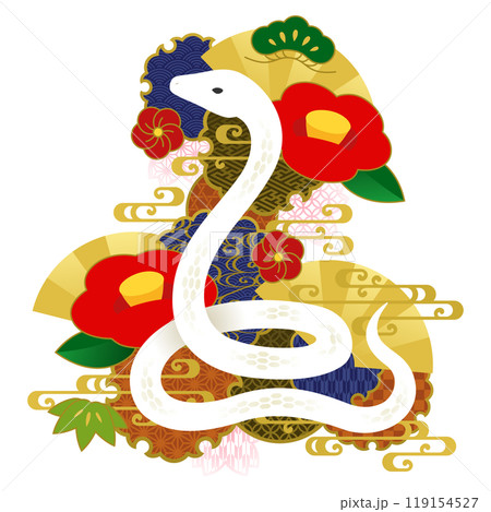 白蛇と和風の飾りのイラスト 119154527