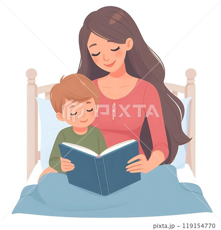A mother sitting on the bed, reading a bedtime story to her child in flat design style. Cozy family moment, perfect for parenting and childhood-related content. White background. 119154770