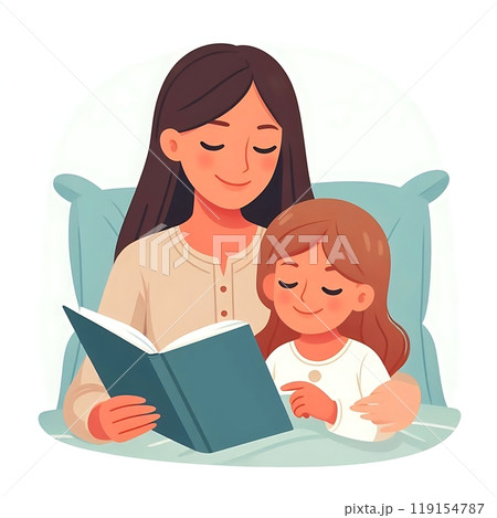 A mother sitting on the bed, reading a bedtime story to her child in flat design style. Cozy family moment, perfect for parenting and childhood-related content. White background. 119154787