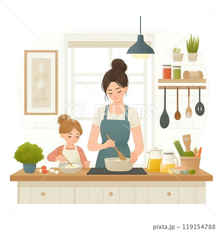 A mother and child cooking together in the kitchen. Flat design style showing a family moment of teamwork and fun. Ideal for family, cooking, or lifestyle themes. White background. 119154788