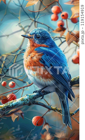 A blue bird on a Branch, background blurry 119154919