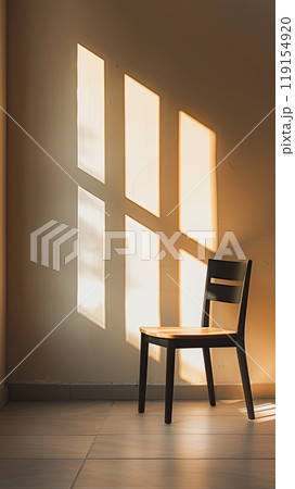 An empty chair in a quiet, sunlit room with a single window. Clean, The frame is dominated by the simplicity and abstract geometry of the scene 119154920