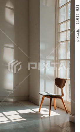 An empty chair in a quiet, sunlit room with a single window. Clean, The frame is dominated by the simplicity and abstract geometry of the scene 119154921