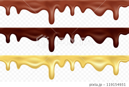 Melted black, milk and white chocolate. 119154931