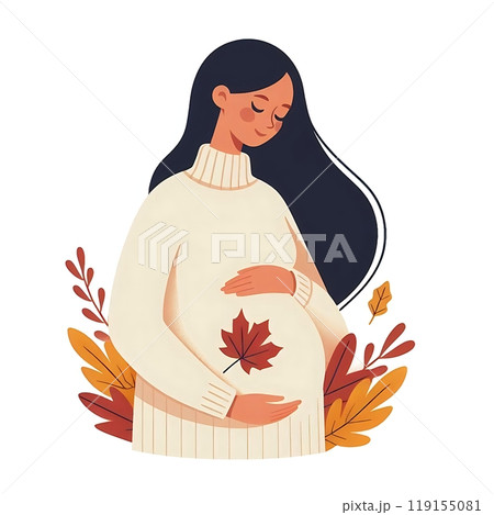 Flat-style illustration of a pregnant woman dressed for autumn, isolated on a white background. Perfect for maternity, seasonal, and wellness-themed designs. Simple and elegant composition showcasing 119155081