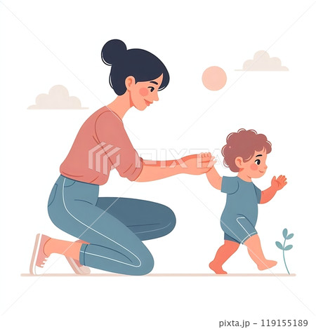 Flat-style illustration of a mom gently helping her toddler take their first steps. Ideal for family, parenting, and early childhood-themed designs. Simple, heartwarming composition on a white 119155189