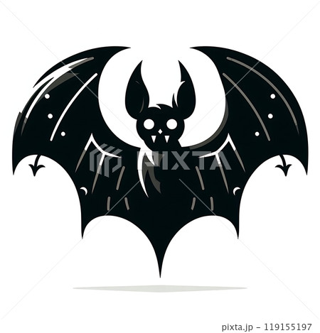 A flat-style illustration of a spooky Halloween bat with simple shapes. Perfect for Halloween decorations, spooky designs, and themed content. Clean and minimalist on a white background.  119155197
