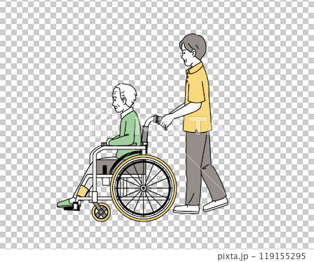 Illustration of a male caregiver pushing a wheelchair 119155295