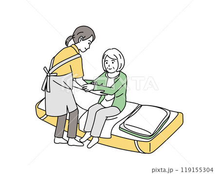 高齢者の立ち上がり、移乗介助を手伝う介護士のイラスト 119155304