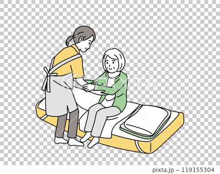 高齢者の立ち上がり、移乗介助を手伝う介護士のイラスト 119155304