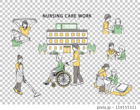 Illustration set of caregivers working with elderly people Illustration set of caregivers working with elderly people 119155311