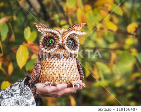 Mastering weaving funny owl of paper vines. A toy hand-made owl. 119156487